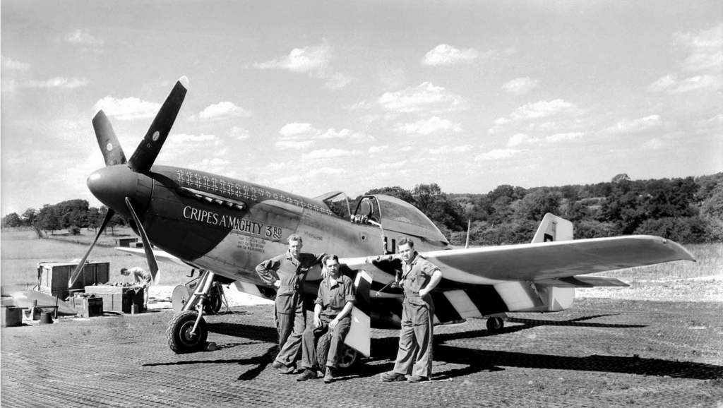 13. P-51D 44-13321 code HO-P 'Cripes A' MIghty 3rd' with ground crewmen at Bodney in 1944 with underside invasion stripes & Preddy's full scoreboard