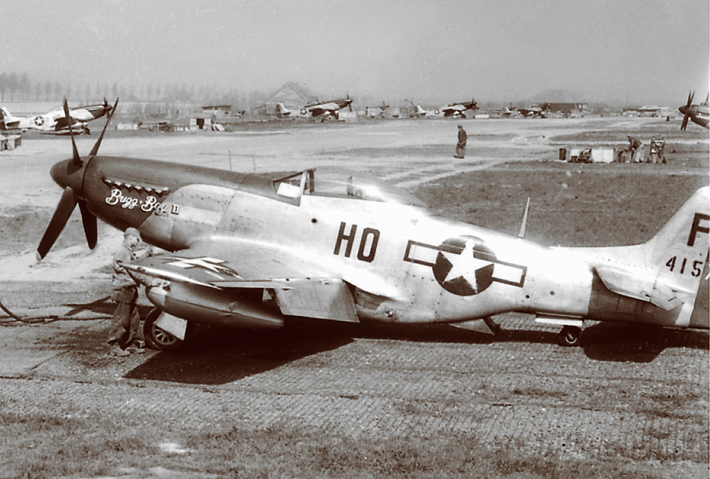 16. P-51D HO-F 'Buzz Boy II' of the 487th FS on its hardstanding at A-84 Chievres-Mons, Belgium, with others behind, Feb-Mar 1945