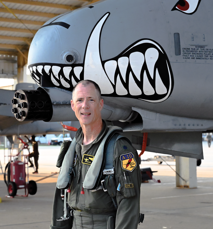 Lt. Col. Marks on the ramp at Whiteman AFB just after the flight during which he passed the 7,000 hour mark in the Hog. Note the patch on the left sleeve of his flight suit that reads "Send It"!