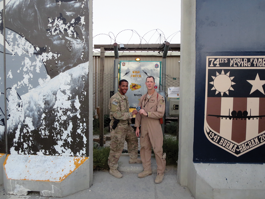 Sgt. Houston Thomas (left), call sign "Mutant-42," was the JTAC who directed Marks and Dillon on their July 22, 2014 mission. Here he poses with Lt. Col. Marks (right) at Bagram Air Base. (Photo courtesy Lt. Col. John Marks)