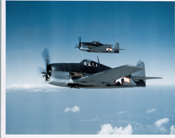 On January 21, 1943, the author flies the far Hellcat (number 6 production F6F-3 BuNo. 04780) in formation with Bobby McReynolds (number 7 production F6F-3 04781). The number 6 production F6F-3 was selected as being the “dog ship” for engineering to flight-test production changes. The author spent many hours in this aircraft until production number 254 was selected several months later to continue the job. (Photo courtesy Northrop/Grumman History Center)