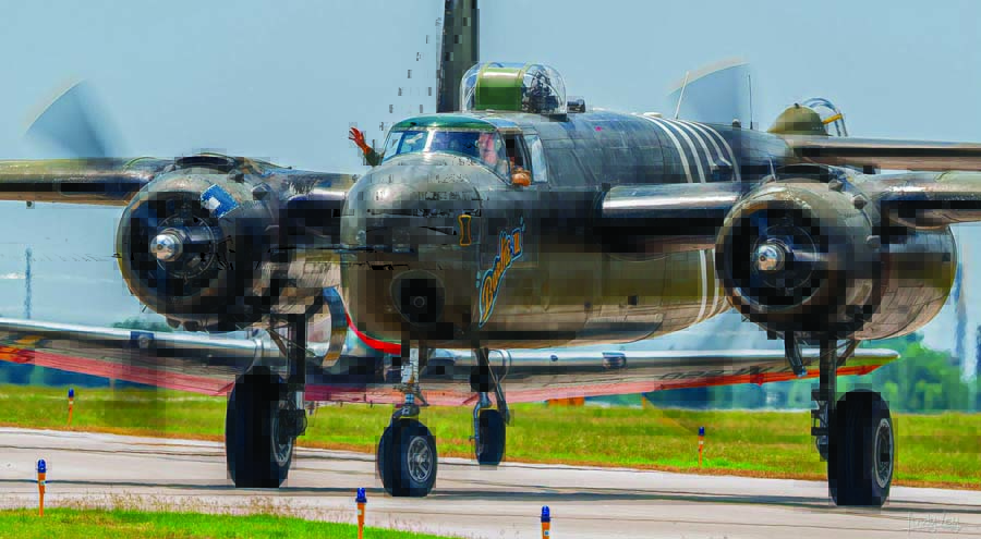 Wilson taxis Cavanaugh’s B-25H “Barbie III.” Flying the museum’s CV-2B Caribou helped Ben build multi-engine experience toward flying “Barbie III” and the C-47. (Photo by Andy Lay)