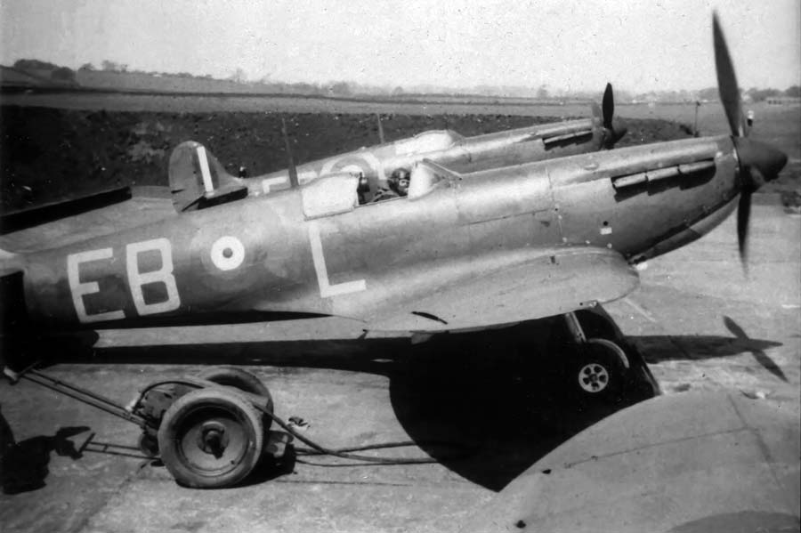 Spitfire 1s of 41 Sqn. RAF at Catterick in 1940. Spitfire N3126 “EB-L,” with Pilot Officer Ted “Shippy” Shipman in the cockpit, is nearest the camera. The Spitfires of 41 Sqn., including N3126, were in combat with the Bf 109s of 6.JG51 over Dover on July 29, 1940. (Photo author’s collection)